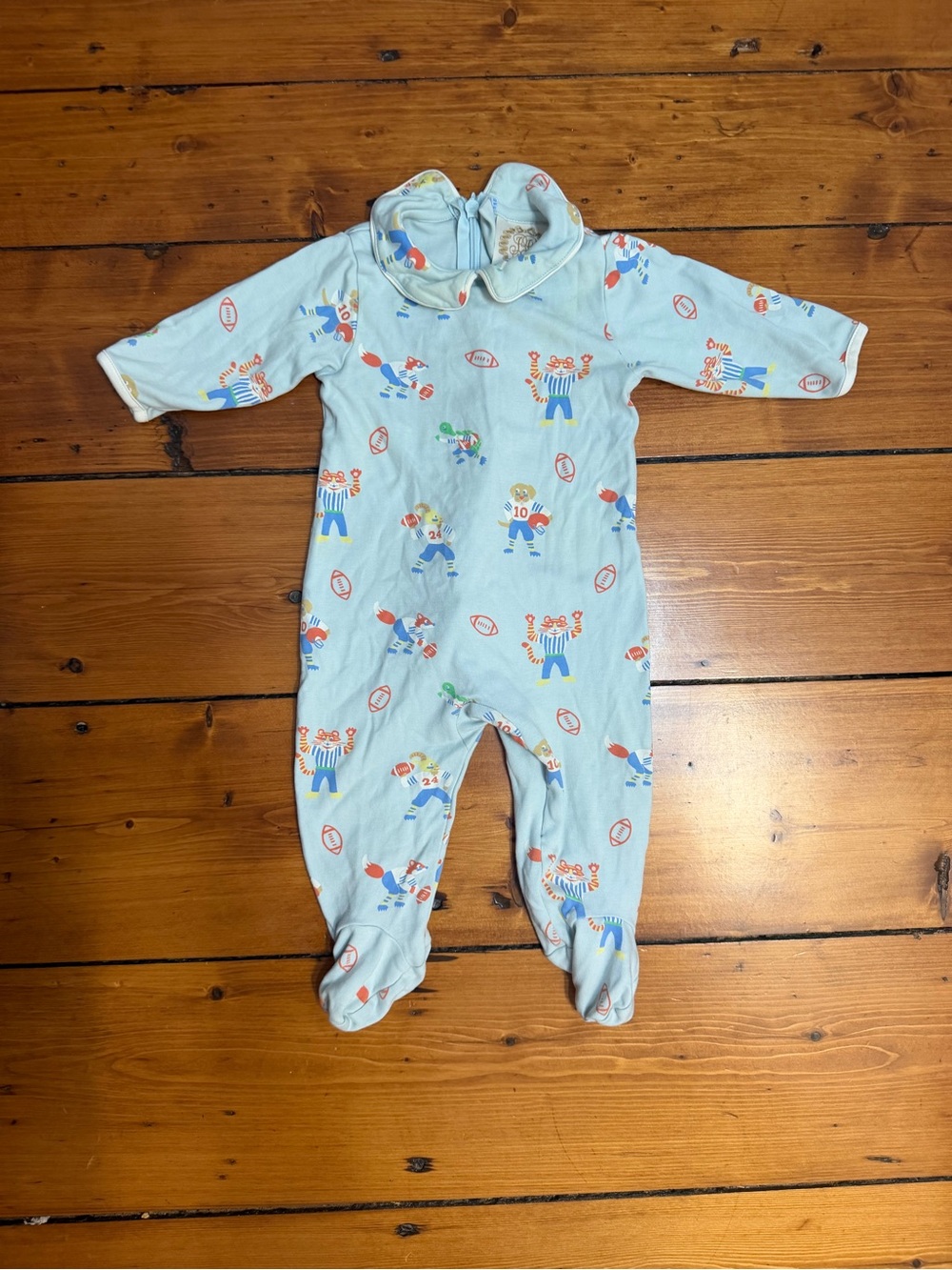 The Beaufort Bonnet Company Light Blue Baby Footed One-Piece with Sports Print